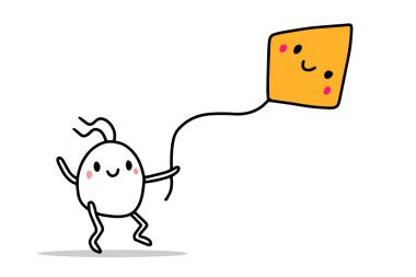 Mutlu karikatür adam ve uçurtma gülümseyen. Elle çizilmiş illüstrasyon. Çocuk stili