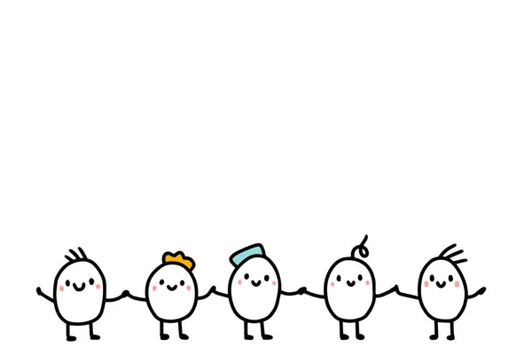 Bir grup karikatürcü el ele tutuşuyor. Vektör minimalizmi