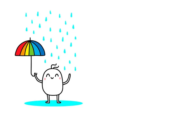 Feliz hombre de dibujos animados con paraguas de arco iris bajo fuertes lluvias. Ilustración dibujada a mano vectorial. Colores vibrantes — Archivo Imágenes Vectoriales