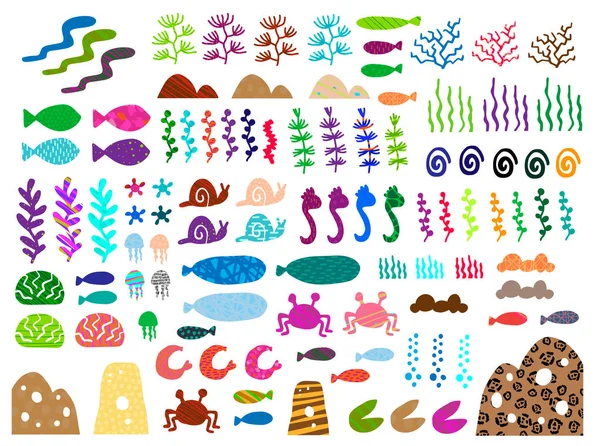 Pestré množství mořských a oceánských tvorů, které jsou v rukou rostliny. Minimalismus s texturou. Garnátový písečný hrad na lovu velryb — Stockový vektor