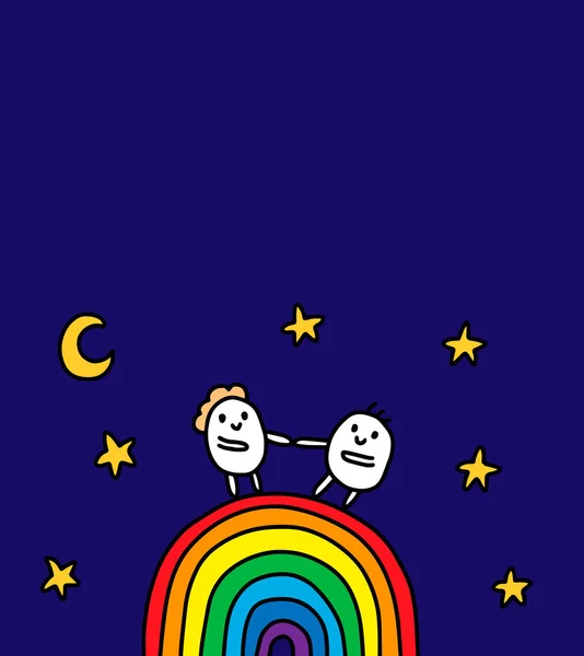 Dos mujeres de dibujos animados y hombres de pie en el arco iris brillante en la noche. Ilustración vectorial dibujada a mano. Colores vibrantes — Vector de stock