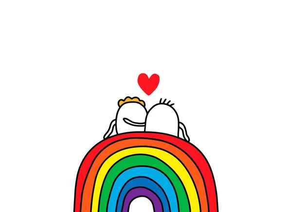 Couple of cartoon people sitting on the rainbow. Hand drawn vector illustration. Minimalism — Stock Vector
