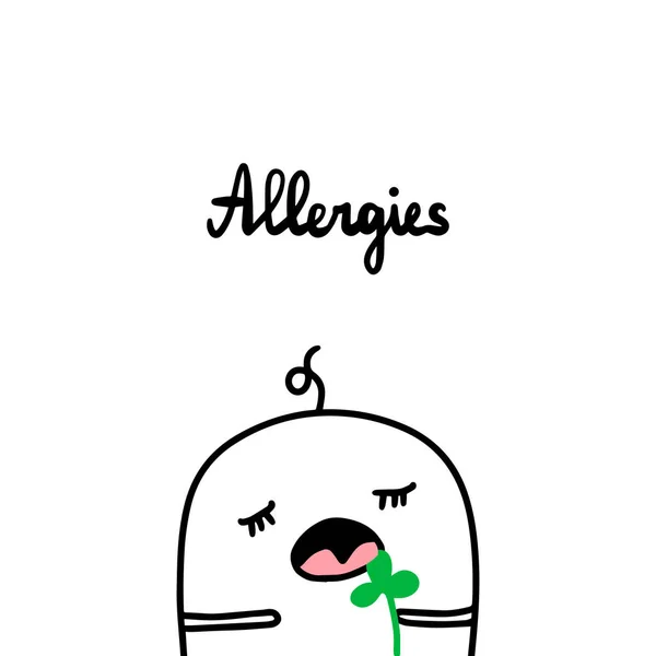 Allergies hand drawn vector illustration. Cartoon minimalism style. Men smelling green flower — Stock Vector