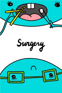 Karikatür tarzında cerrahi el çizilmiş illüstrasyon. Vektör minimalizmi. Doktor ve hasta.