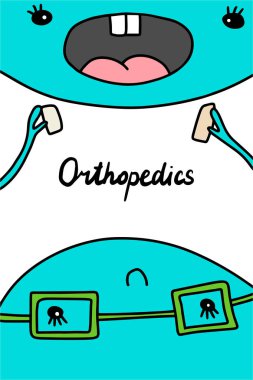 Ortopedi çizgi film tarzında el çizilmiş vektör illüstrasyon. Dişçi ve hasta. Mavi renkler. Rengi seçme