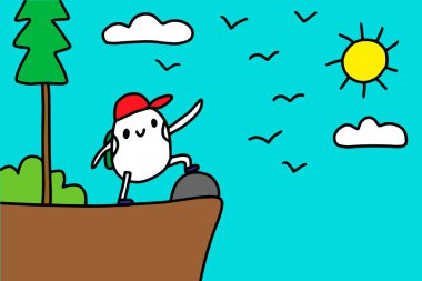 Young cartoon camper outdoors standing on the top of mountain. Forest adventure vector illustration. Vibrant colors vector