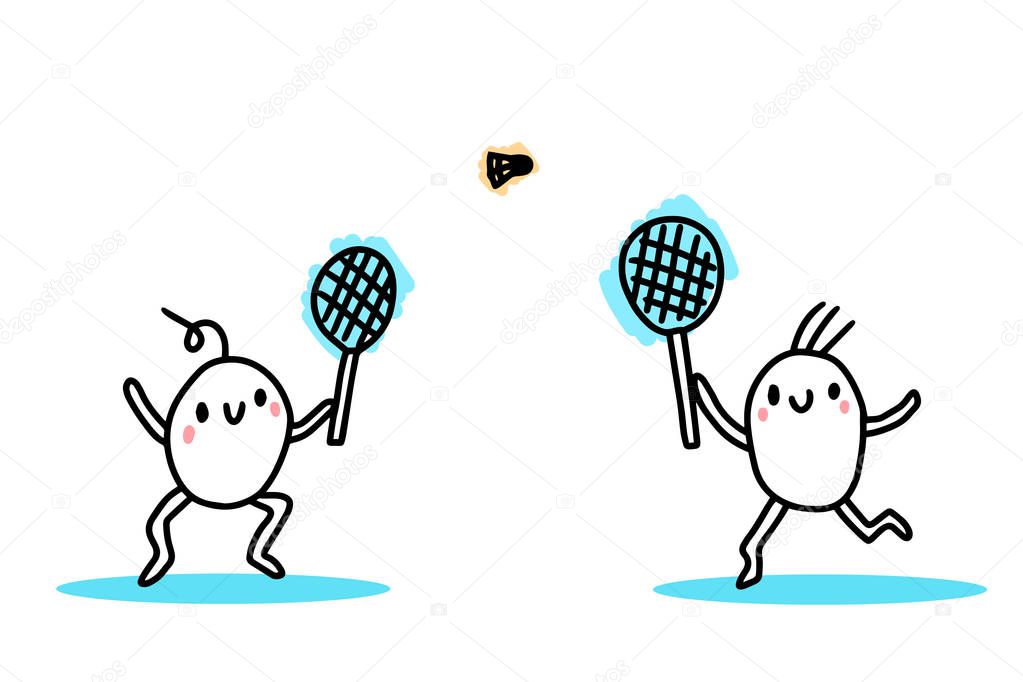 Two cartoon kids playing badminton hand drawn vector illustration