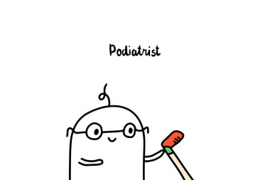 Karikatür tarzında podiatrist el çizilmiş vektör illüstrasyon. Erkek doktor ve bacak