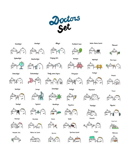 Les grands médecins spécialistes ont mis des illustrations vectorielles dessinées à la main. Différentes professions médicales. minimalisme de style mignon — Image vectorielle