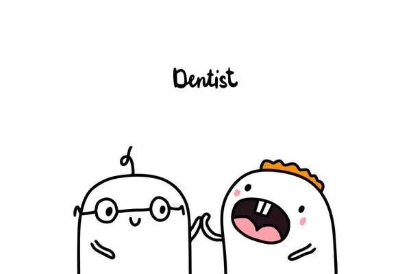 Dentiste illustration vectorielle dessinée à la main dans le style de dessin animé. Médecin et patient à bouche ouverte — Image vectorielle