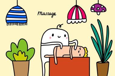 Karikatür tarzında masaj el çizilmiş vektör illüstrasyon. Hasta ve doktor