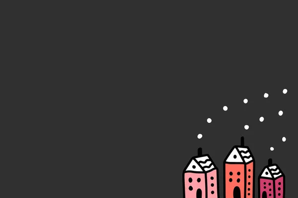Три разноцветных крошечных домика с дымовой рукотворной иллюстрацией в стиле мультфильма. Вектор для открыток зимнего дизайна на Новый год — стоковый вектор
