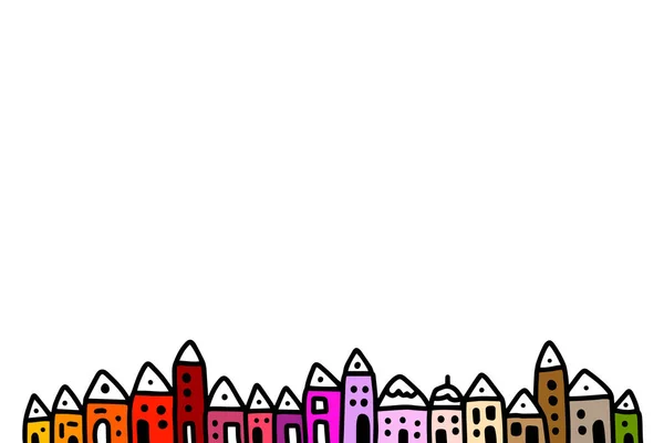 手描きの都市のヴィルジュの町の風景。漫画ミニマリズムスタイル。一列に並ぶ家。プリントポスターカード用イラスト — ストックベクタ
