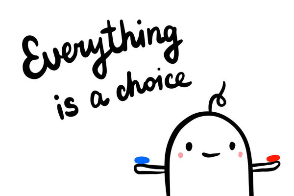 Все является выбором векторной иллюстрации, нарисованной вручную в стиле мультфильма. Человек с двумя таблетками красного и синего цвета
