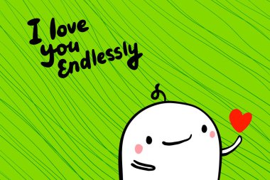 Seni sonsuz karikatür tarzında vektör illüstrasyon çizilmiş el seviyorum. Elinde kalp sembolü olan sevimli adam. Yazı