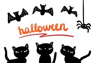 Cadılar Bayramı el çizilmiş vektör illüstrasyon karikatür tarzı minimalizm. Kediler yarasa örümcek harfleri