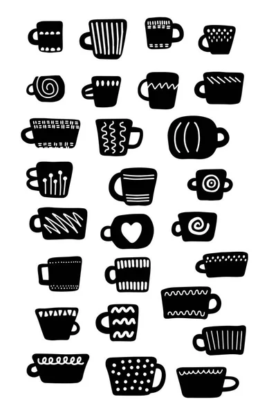 Ensemble de tasses noires et blanches différentes formes tailles textures. Illustration vectorielle dessinée à la main dans le style dessin animé. Minimalisme — Image vectorielle