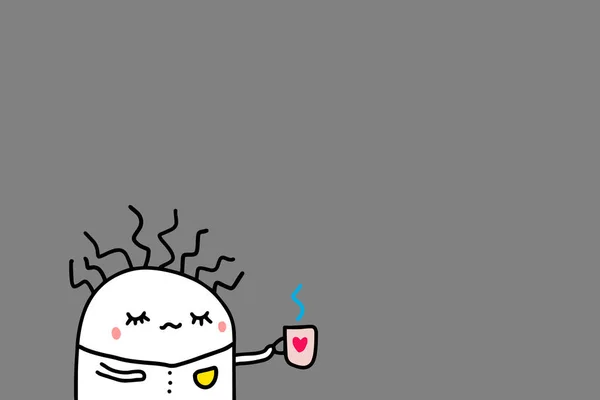 Un hombre roto bebiendo café por la mañana. Fondo gris, ilustración vectorial dibujada a mano en estilo de dibujos animados — Vector de stock