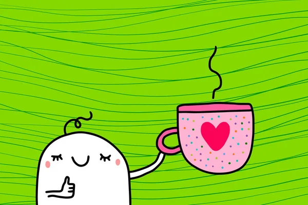 Homme de bande dessinée joyeux tenant très grande tasse de café chaud illustration vectorielle dessinée à la main sur fond vert texturé — Image vectorielle