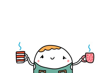 Elinde sıcak kahve ve vektör çizimi olan iki bardak tutan sevimli barista.
