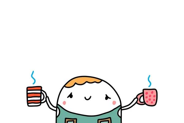 Niedlichen Barista mit zwei Tassen mit heißem Kaffee Hand gezeichnet Vektor Illustration — Stockvektor