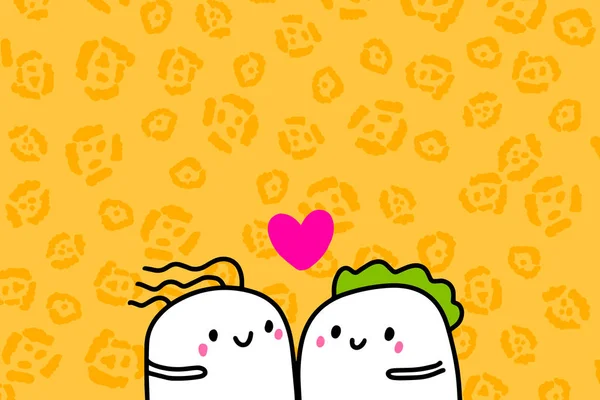 Amo a ilustração vetorial desenhada à mão no estilo dos desenhos animados com casal feliz, fundo texturizado, cores vibrantes, cartão de Dia dos Namorados — Vetor de Stock