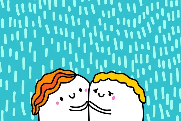 Amo a ilustração vetorial desenhada à mão no estilo dos desenhos animados com casal feliz, fundo texturizado, cores vibrantes, cartão de Dia dos Namorados — Vetor de Stock
