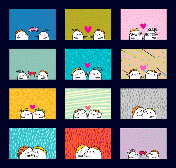Grote set liefde je hand getekend vector illustratie in cartoon stijl met gelukkig paar, getextureerde achtergrond, levendige kleuren, Valentijnsdag kaart — Stockvector