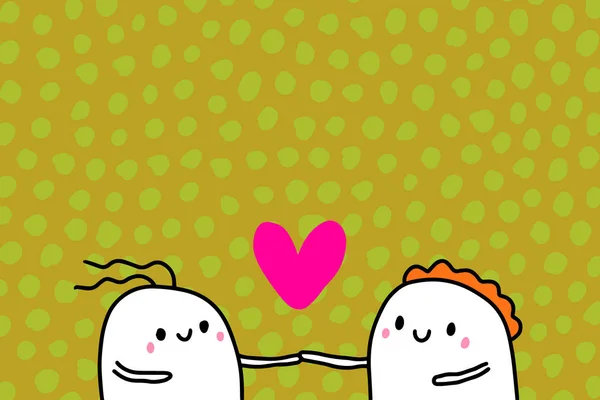 Amo a ilustração vetorial desenhada à mão no estilo dos desenhos animados com casal feliz, fundo texturizado, cores vibrantes, cartão de Dia dos Namorados — Vetor de Stock