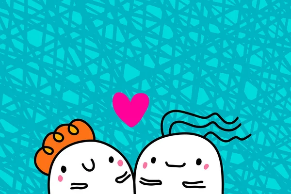 Love you hand getekend vector illustratie in cartoon stijl met gelukkig paar, getextureerde achtergrond, levendige kleuren, Valentijnsdag kaart — Stockvector