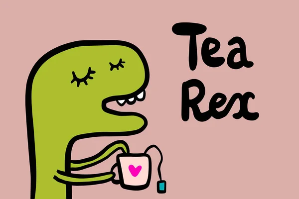 Tea rex ręcznie rysowane wektor ilustracja z cute dinozaur picia gorącego napoju — Wektor stockowy