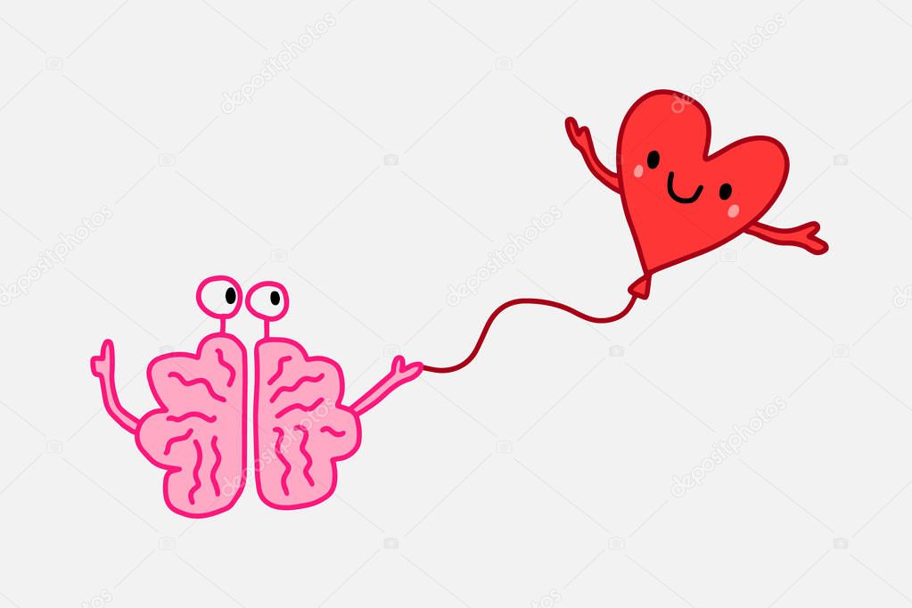 Brain holding heart hand drawn vector illustration in cartoon style