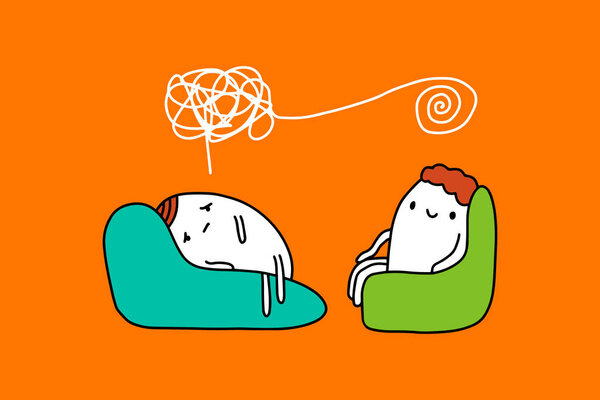 Psychotherapy session hand drawn vector illustration in cartoon style. Two man sitting in chairs talking