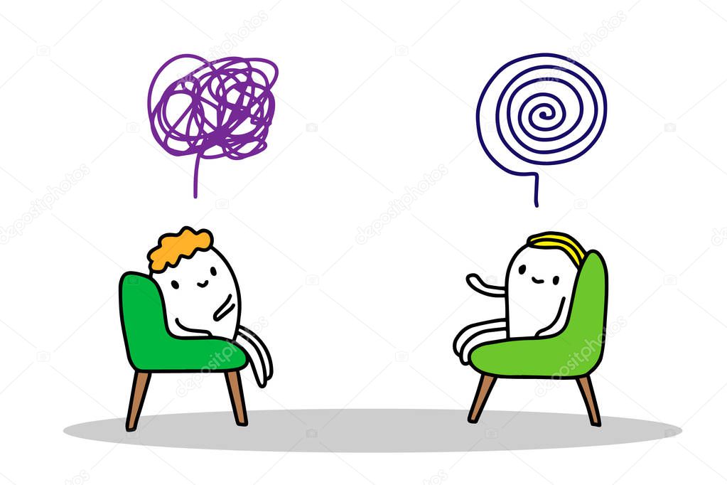 Psychotherapy session hand drawn vector illustration in cartoon style. Two man sitting in chairs talking