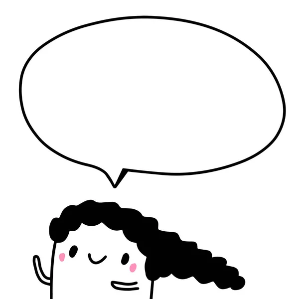 Menina dos desenhos animados bonito com cabelo preto falando fala bolha mão desenho vetor ilustração — Vetor de Stock