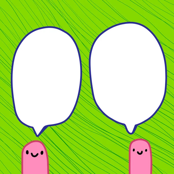 Dos gusanos hablando sonriente ilustración vectorial dibujado a mano con burbuja del habla — Vector de stock