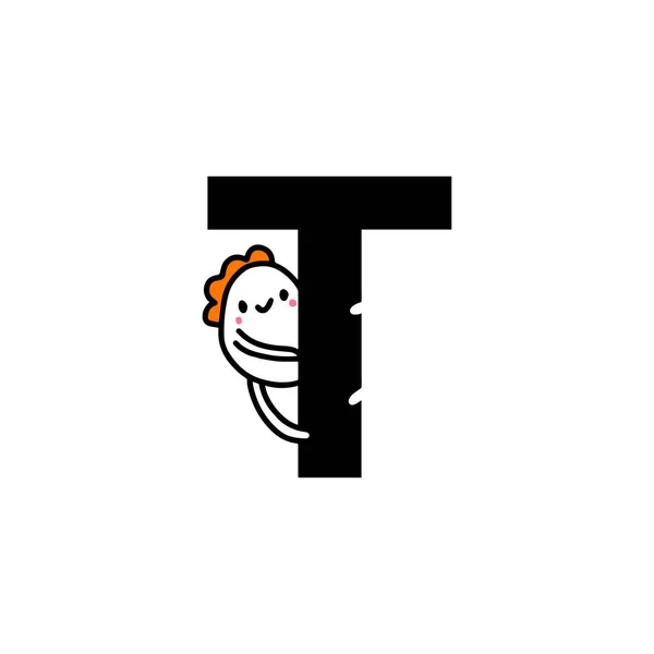 T letter hand drawn cartoon illustration with cute cartoon comic man smiling — ストックベクタ