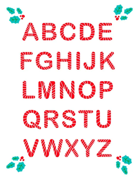 Alfabeto dibujado a mano rojo y blanco estilo caramelo de Navidad con hojas verdes — Vector de stock