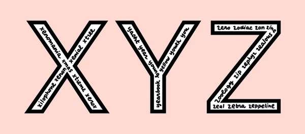 X Y Z lettere con parole all'interno disegnato a mano lettering in stile cartone animato — Vettoriale Stock