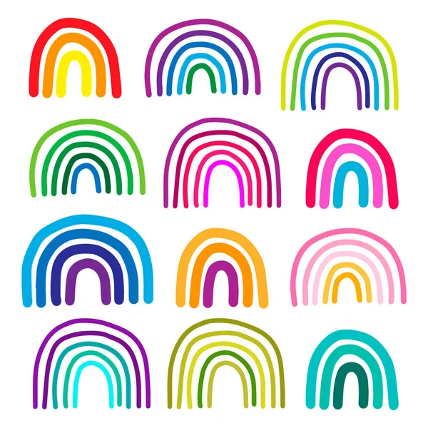 Set van verschillende kleurrijke regenboog hand getekend vector illustraties in cartoon stijl — Stockvector