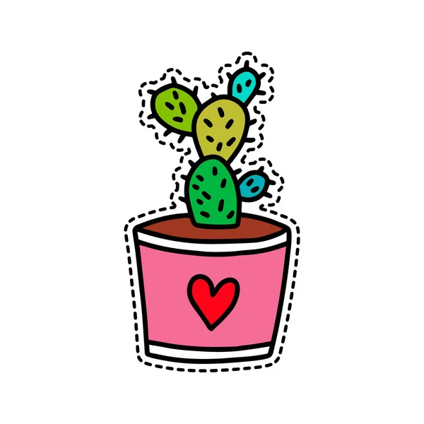 Cactus in a pot sticker hand drawn vector illustration in cartoon style — Stock Vector