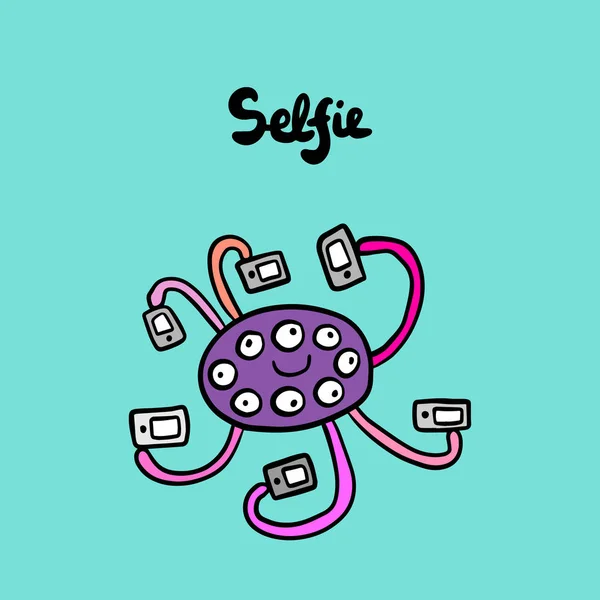 Selfie ilustración vectorial dibujado a mano en estilo de dibujos animados. Araña violeta sosteniendo smartphones en cada brazo. Cartel impreso con tarjeta — Archivo Imágenes Vectoriales
