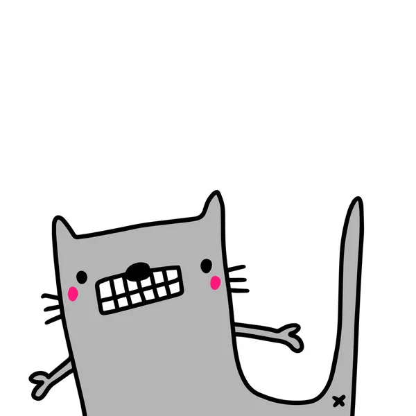 Gato gris disculpándose lamentable ilustración dibujada a mano en estilo de dibujos animados — Vector de stock