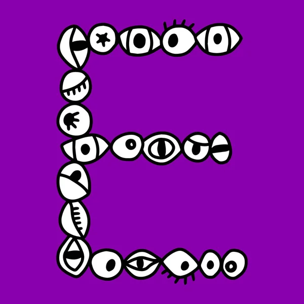 Karikatür tarzında farklı formlarda göz sembolleri ile E el çizilmiş vektör harfi — Stok Vektör