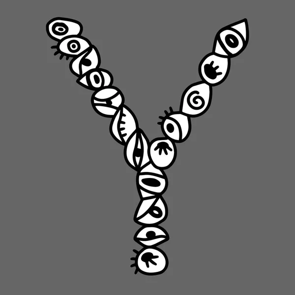 Y lettera vettoriale disegnata a mano con simboli degli occhi in diverse forme in stile cartone animato — Vettoriale Stock