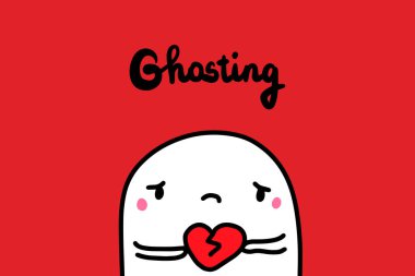 Ghosting karikatür adam üzgün kırık kalp tutan ile acı el çizilmiş vektör illüstrasyon