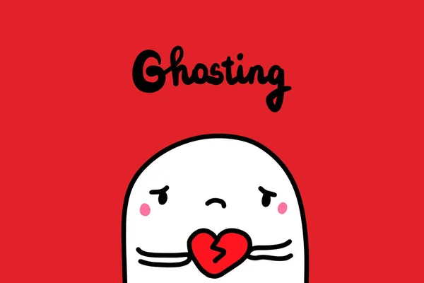 Ghosting karikatür adam üzgün kırık kalp tutan ile acı el çizilmiş vektör illüstrasyon