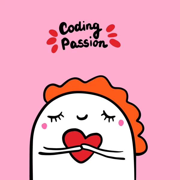 Kodning passion handritade vektor illustration i tecknad stil. Kvinna som håller hjärta röd — Stock vektor
