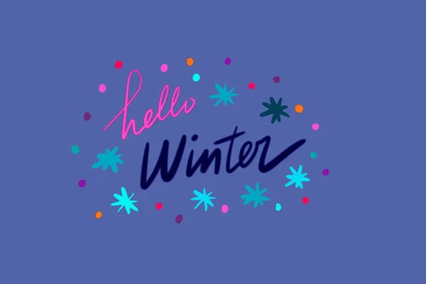 Hola invierno ilustración vectorial dibujado a mano con letras azul rosa estrellas púrpura puntos — Vector de stock