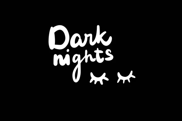 Tmavé noci ručně kreslené písmo bílé na černé s řasami zavřené oči minimalismus — Stockový vektor